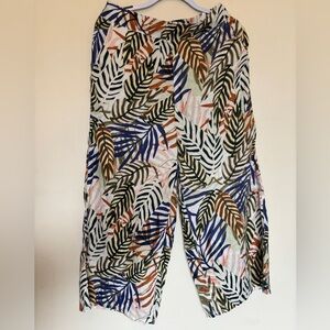 Tahari 100% Linen Cropped Pull On Wide Leg Pants Sz Large Tropical Floral Boho